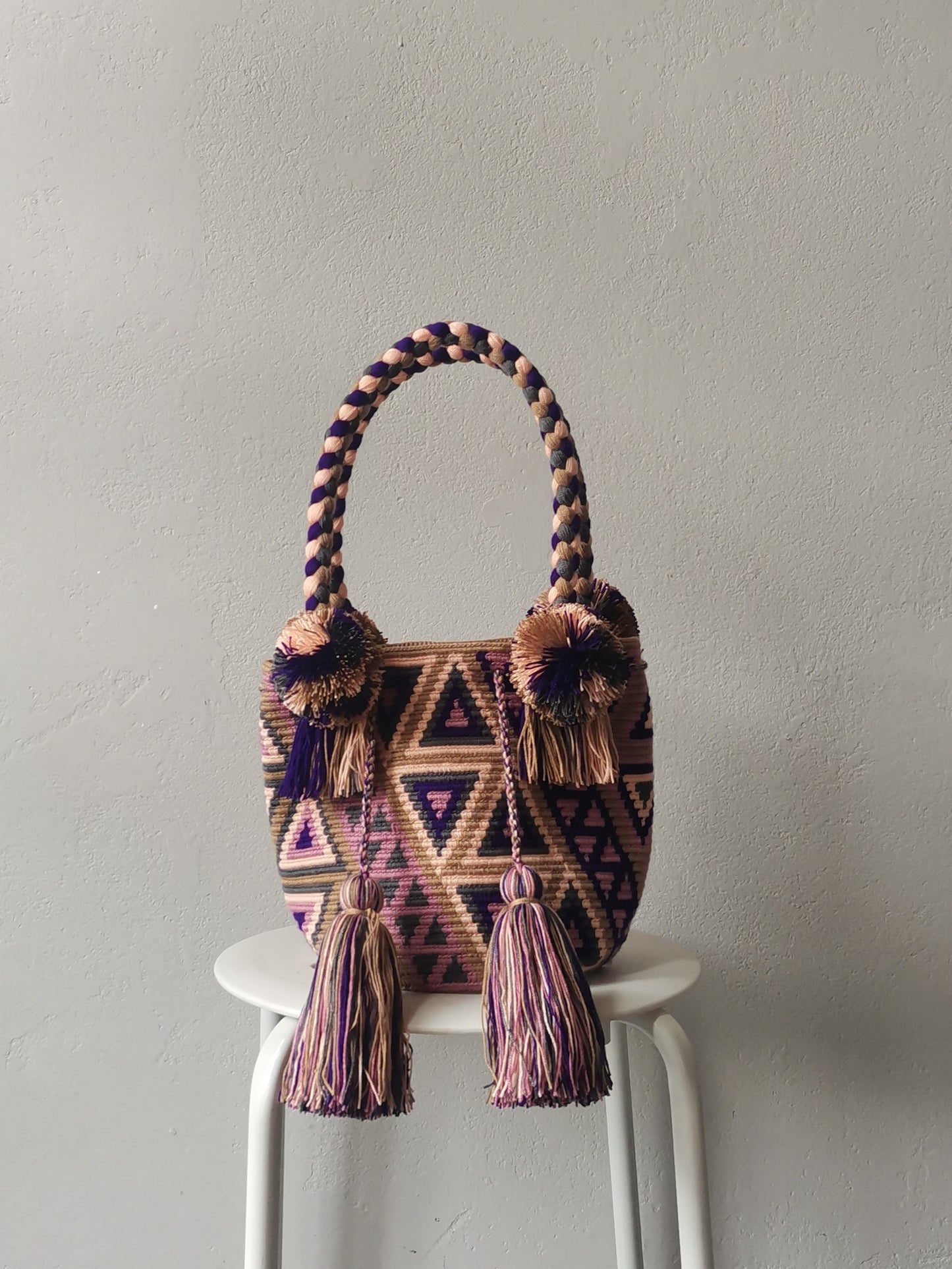 Borsa mochila a mano M beige e rosa