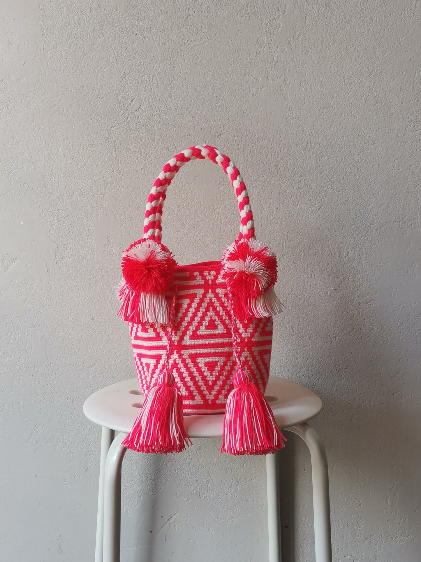 Borsa mochila a mano S beige arancione ciliegia acceso e bianco