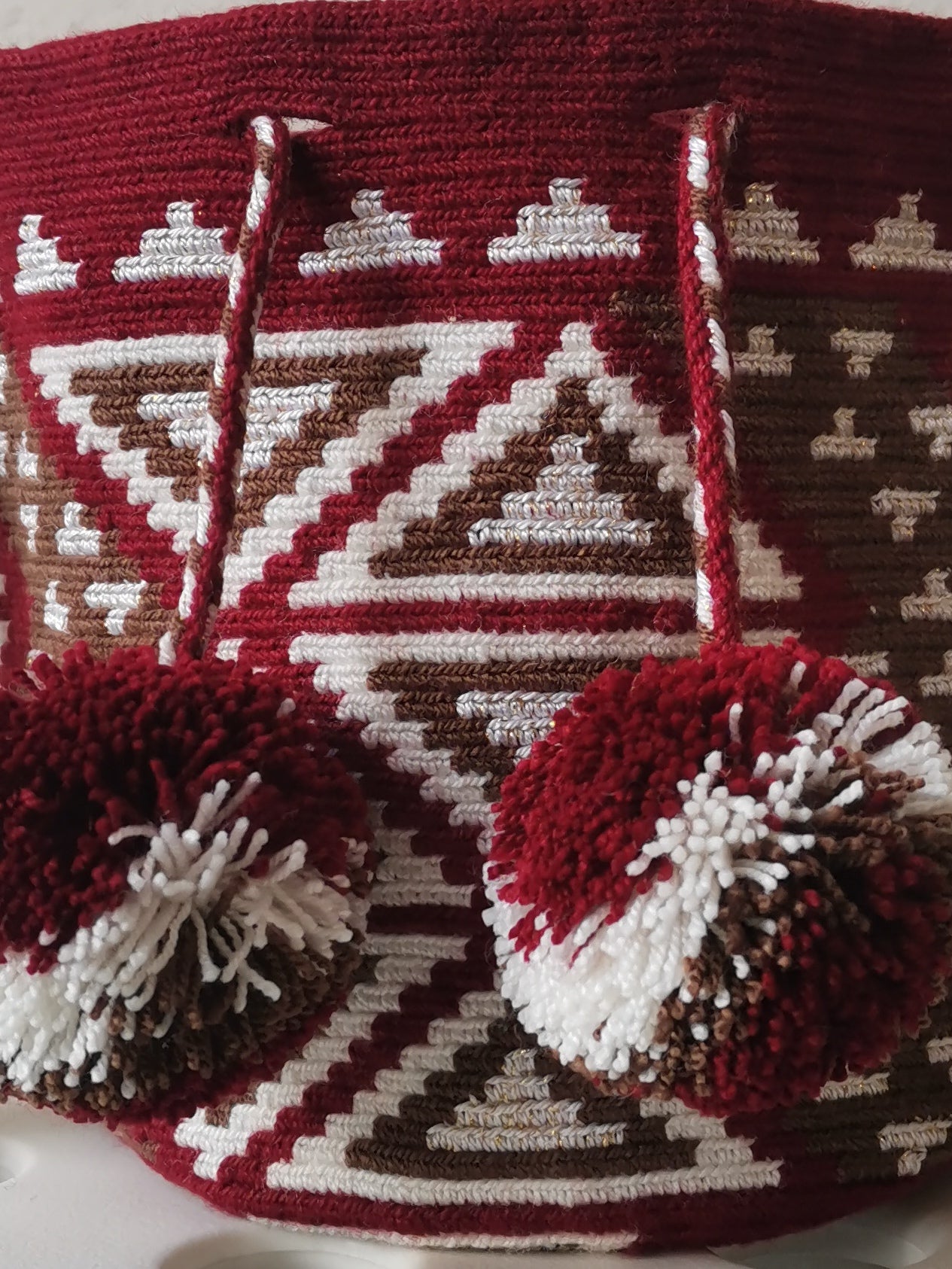 Mochila shoulder bag with pompon S in burgundy and white