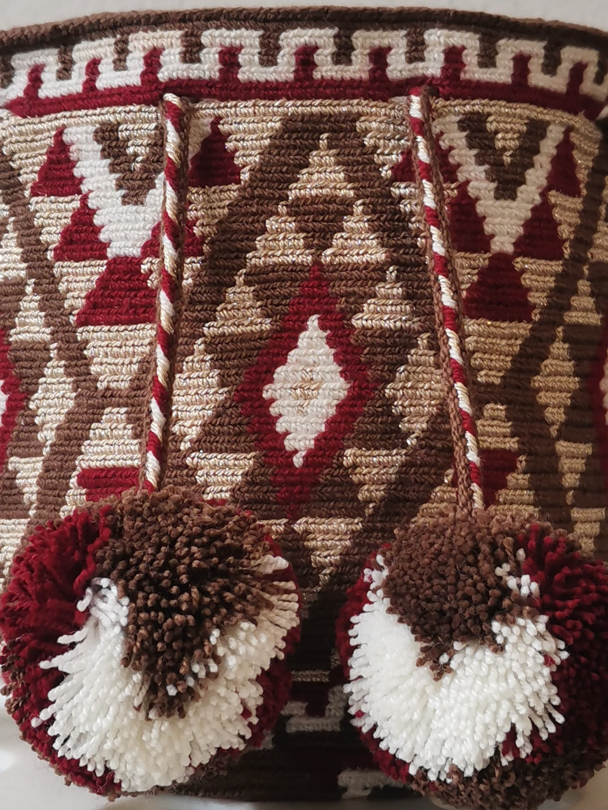 Mochila shoulder bag with brown and white pompon S