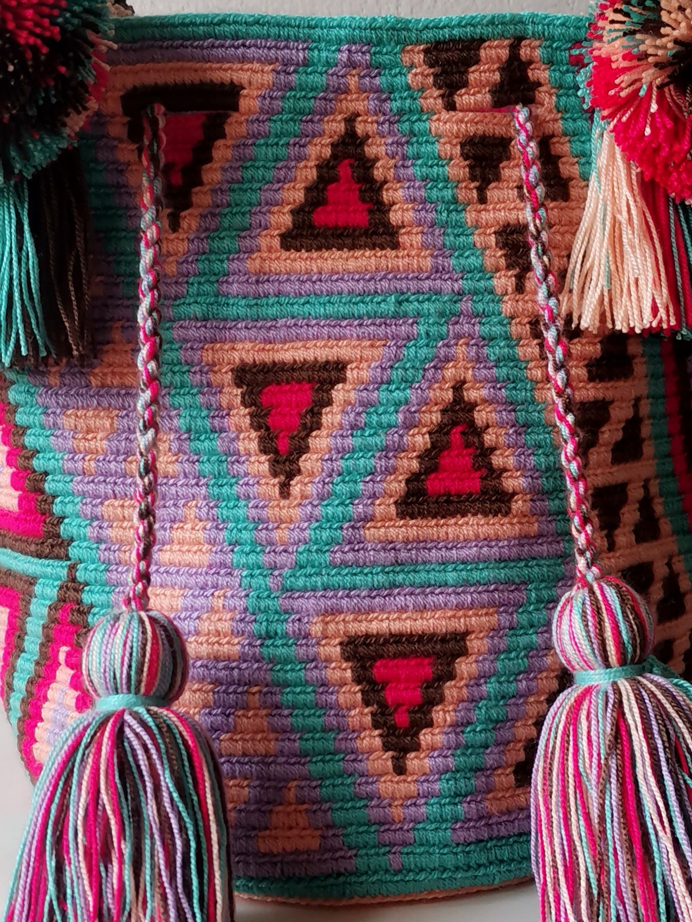 Borsa mochila a mano M azzurra e rosso-fucsia