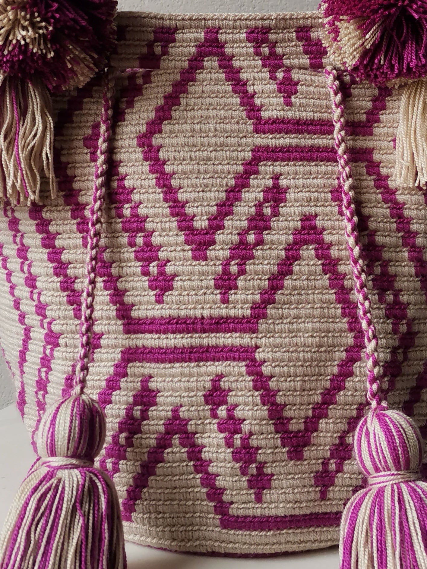 Borsa mochila a mano M beige e lilla scuro