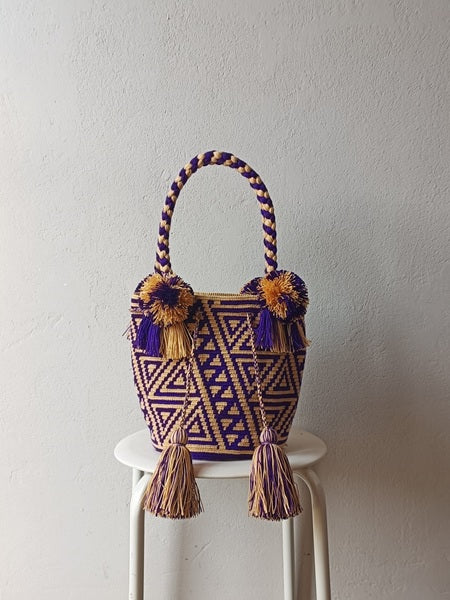 Borsa mochila a mano M beige e viola