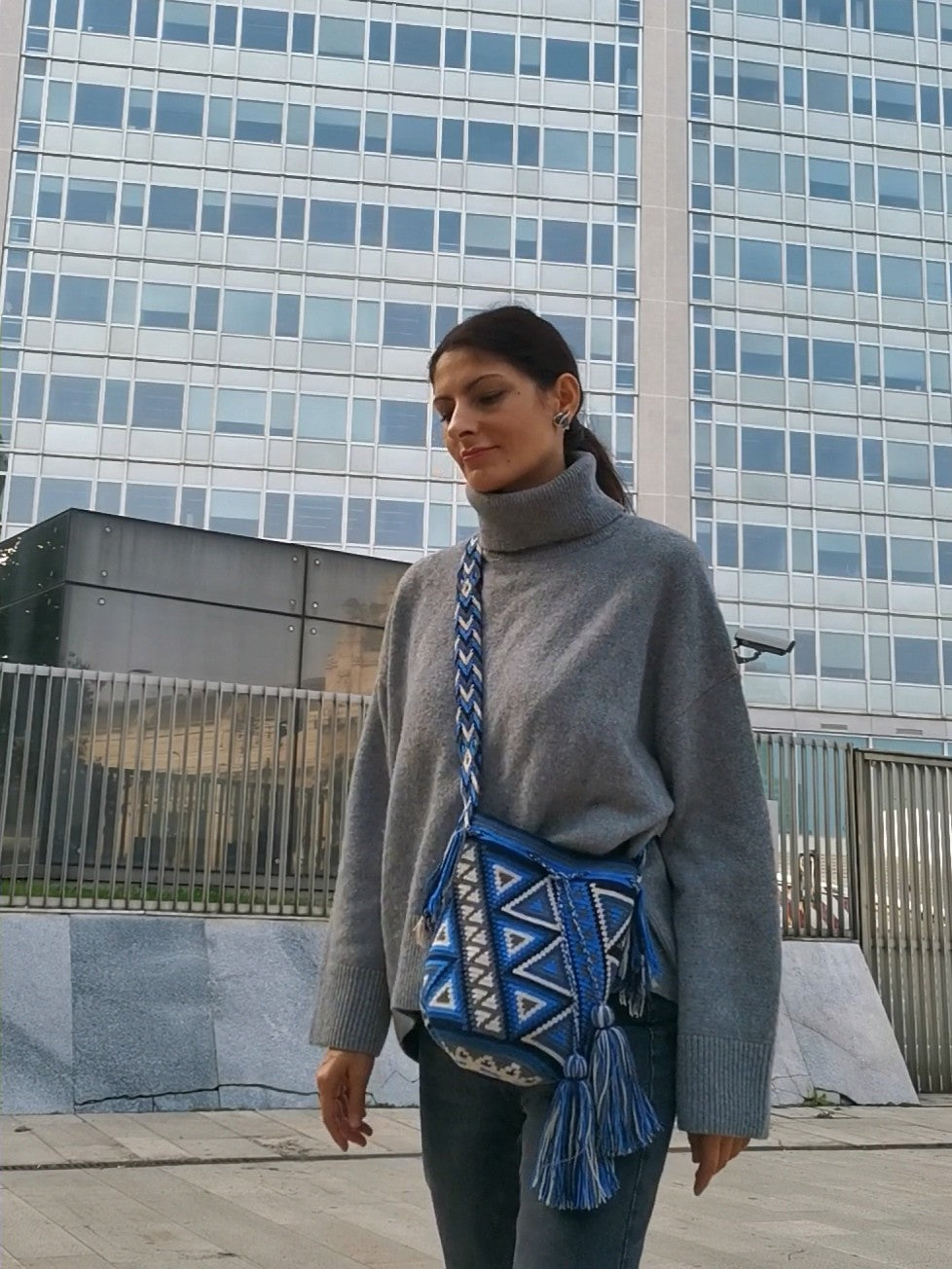 Borsa mochila a tracolla M blu e grigia