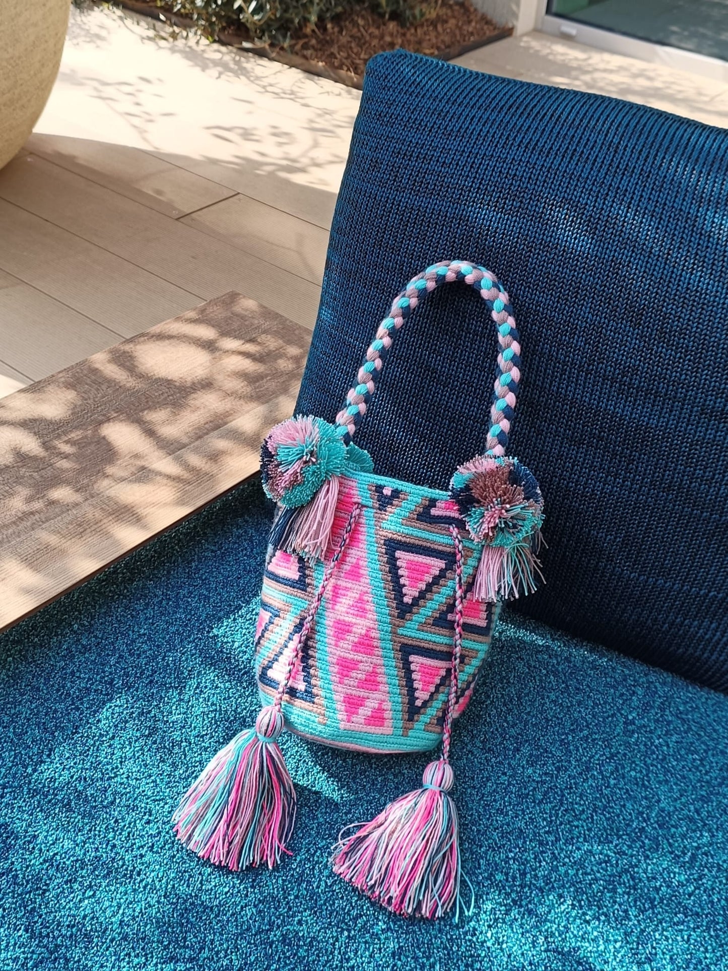 Light blue and pink S mochila handbag