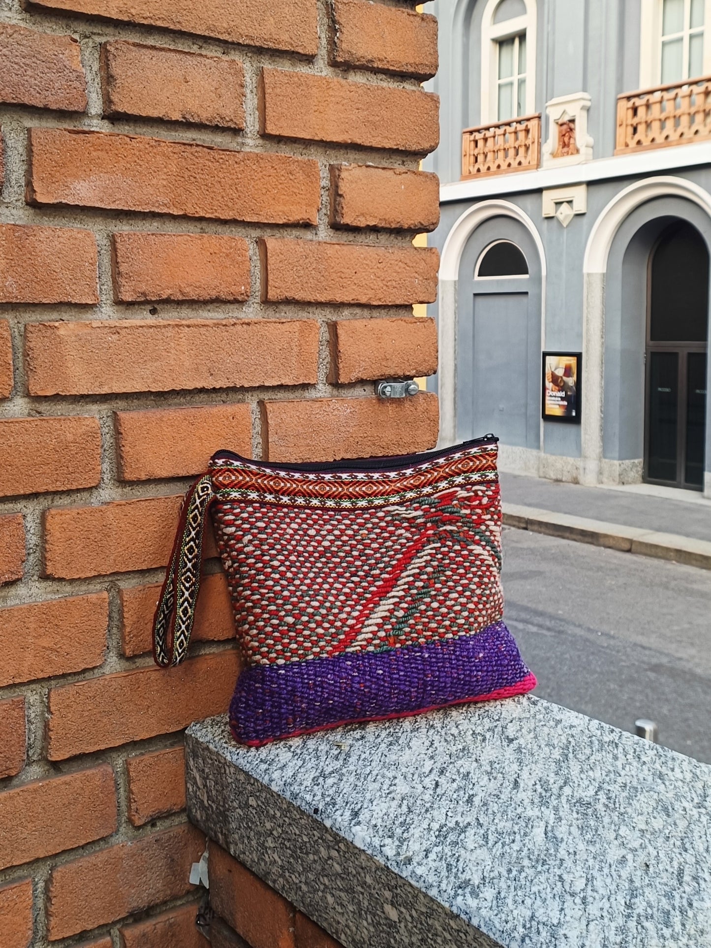 Antique clutch bag with handle L light blue and orange