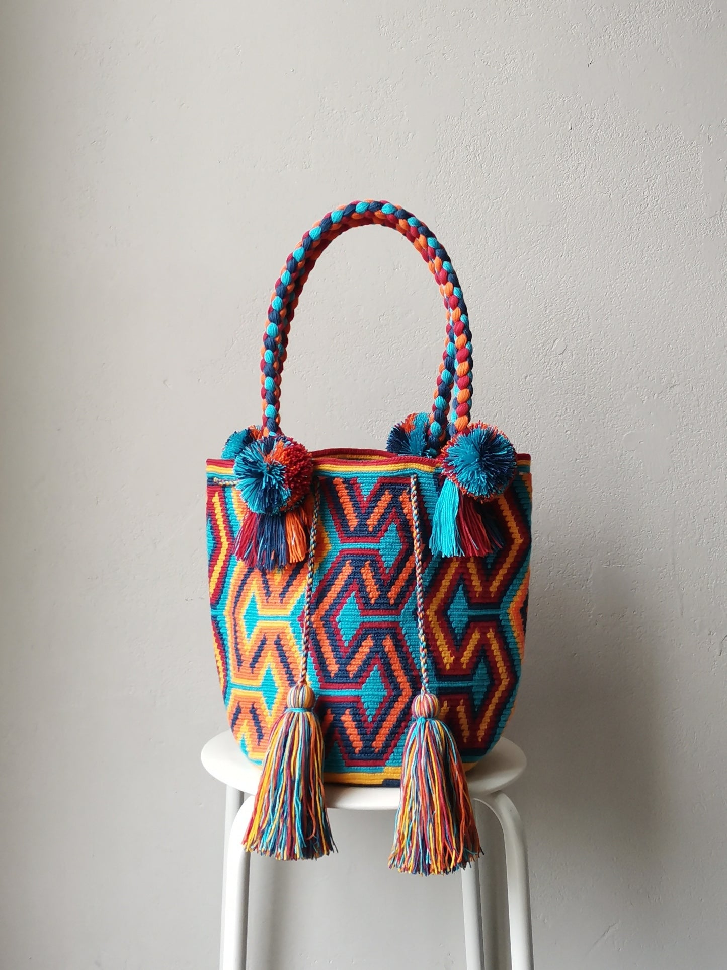 Turquoise and yellow mochila shoulder bag L