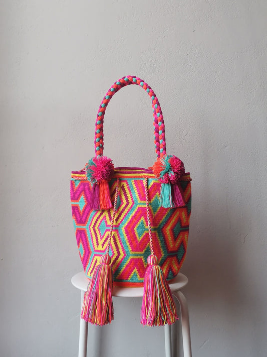 FIN DE SÉRIE - Sac shopping mochila L bleu clair et jaune