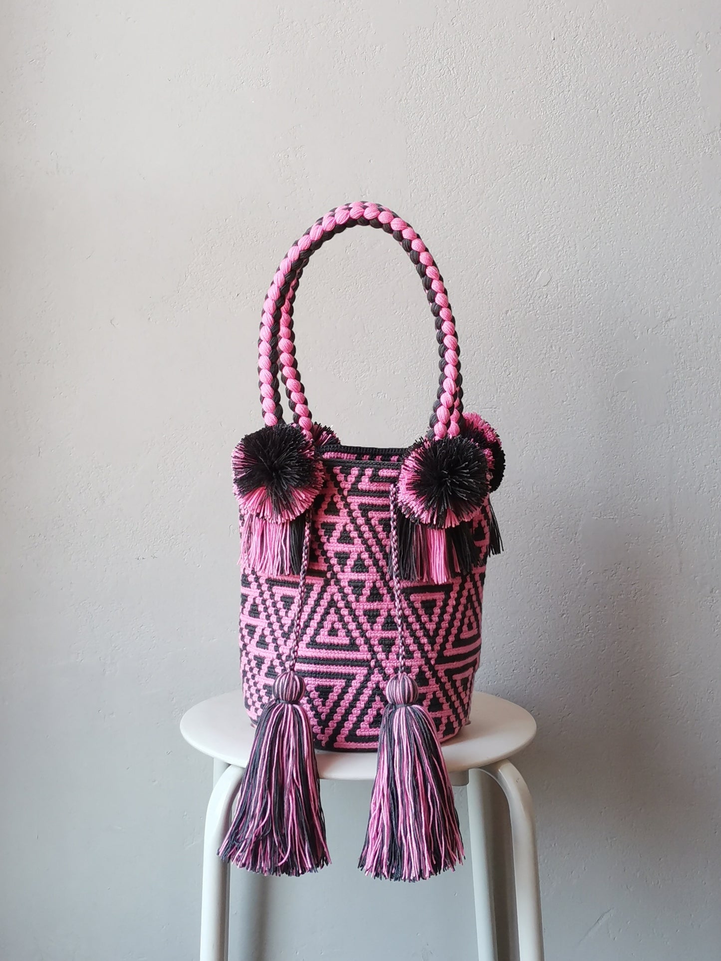 CLOSE OUT - Dark gray and pink M mochila handbag