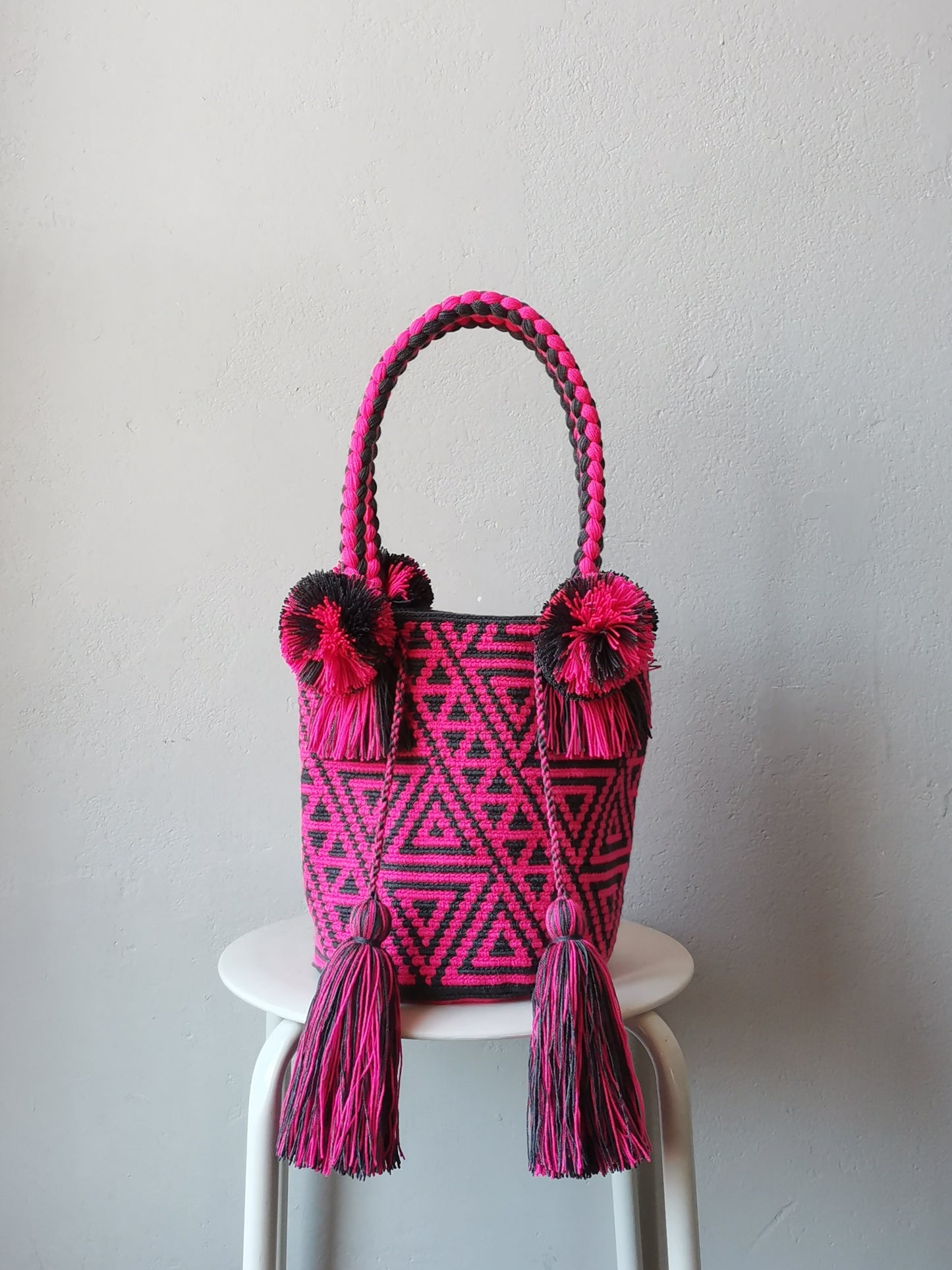 END OF SERIES - M dark gray and bright pink mochila handbag