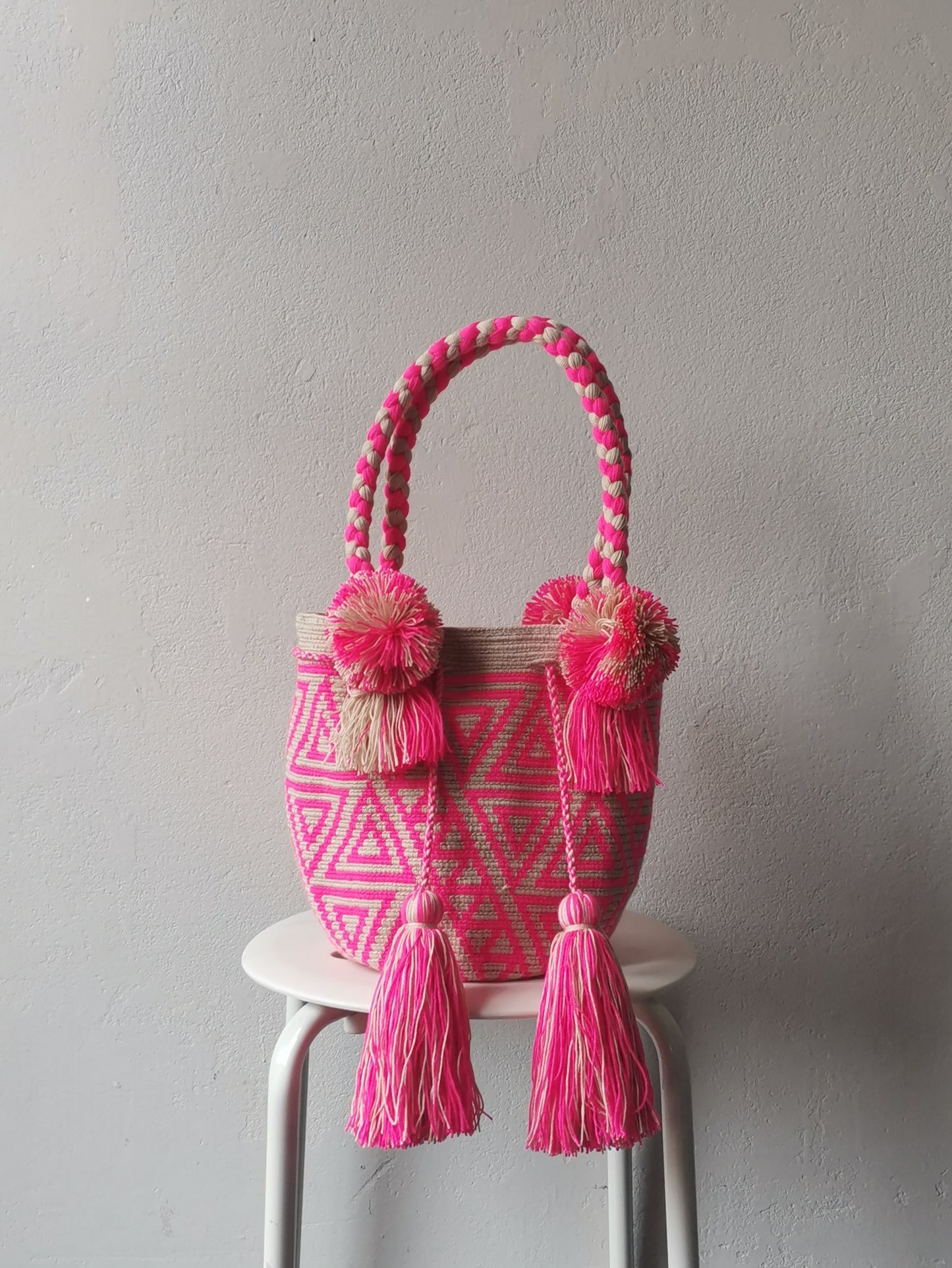 END OF SERIES - M beige and bright pink mochila handbag