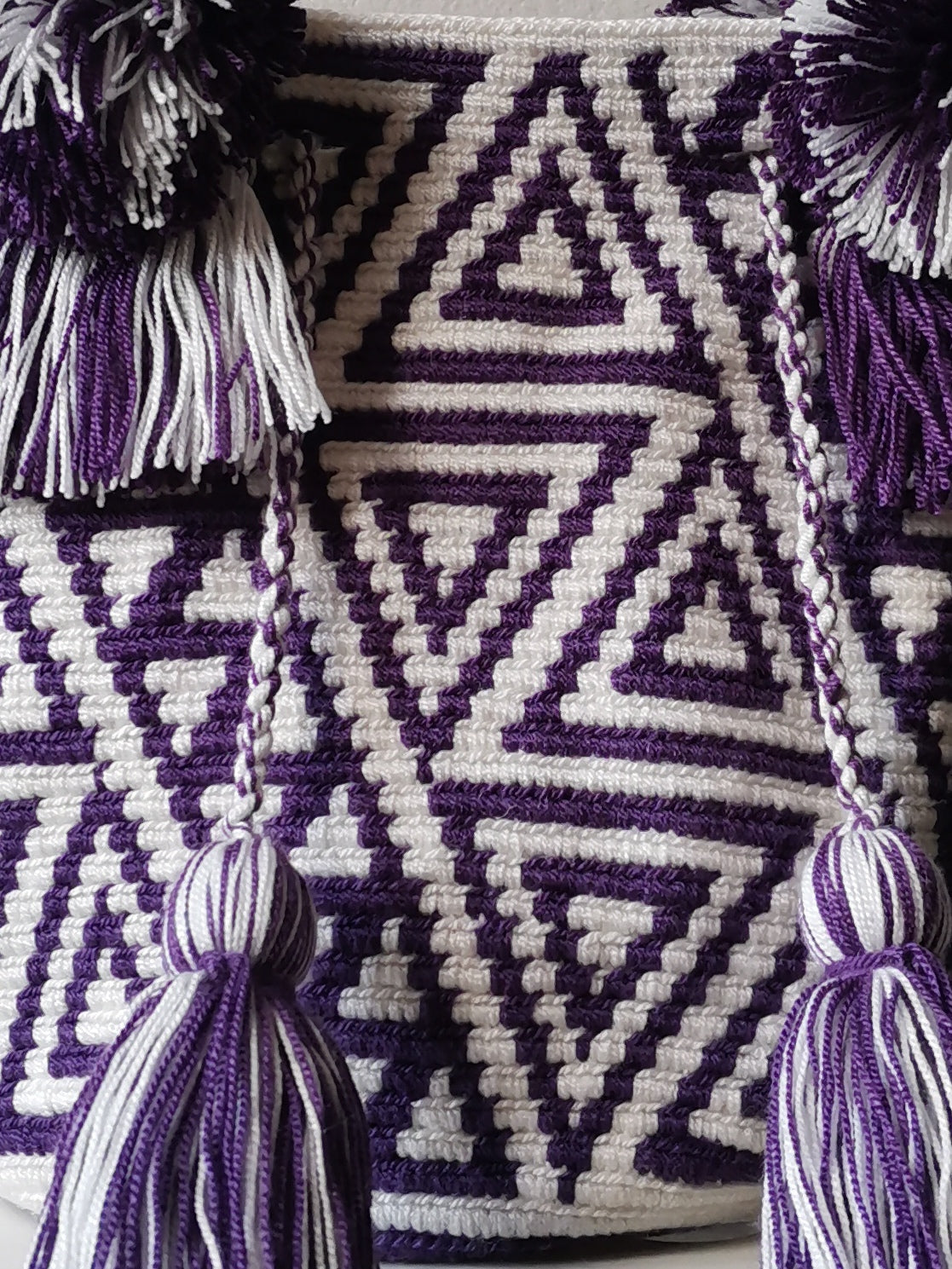White and purple M mochila handbag