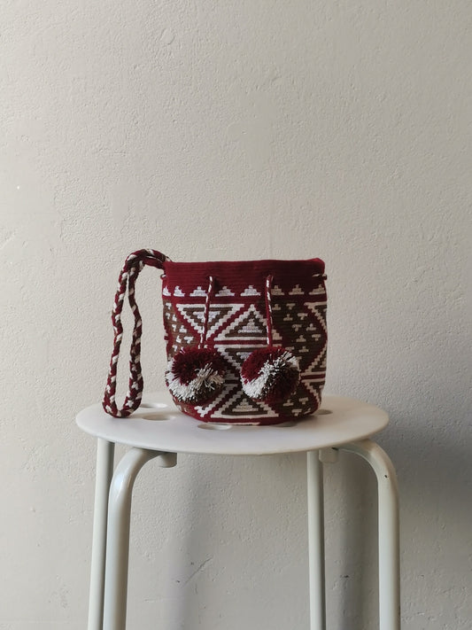 Mochila shoulder bag with pompon S in burgundy and white