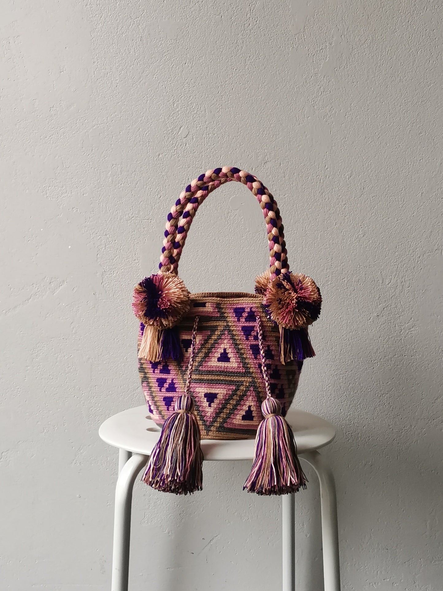 Beige and purple S mochila handbag