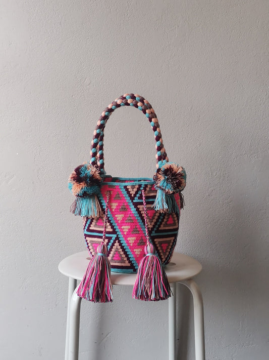 S/M light blue and bright pink mochila handbag