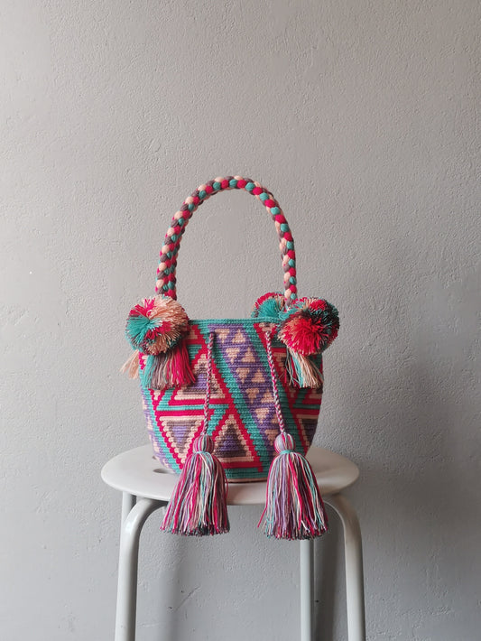 S/M light blue and pink-red mochila handbag