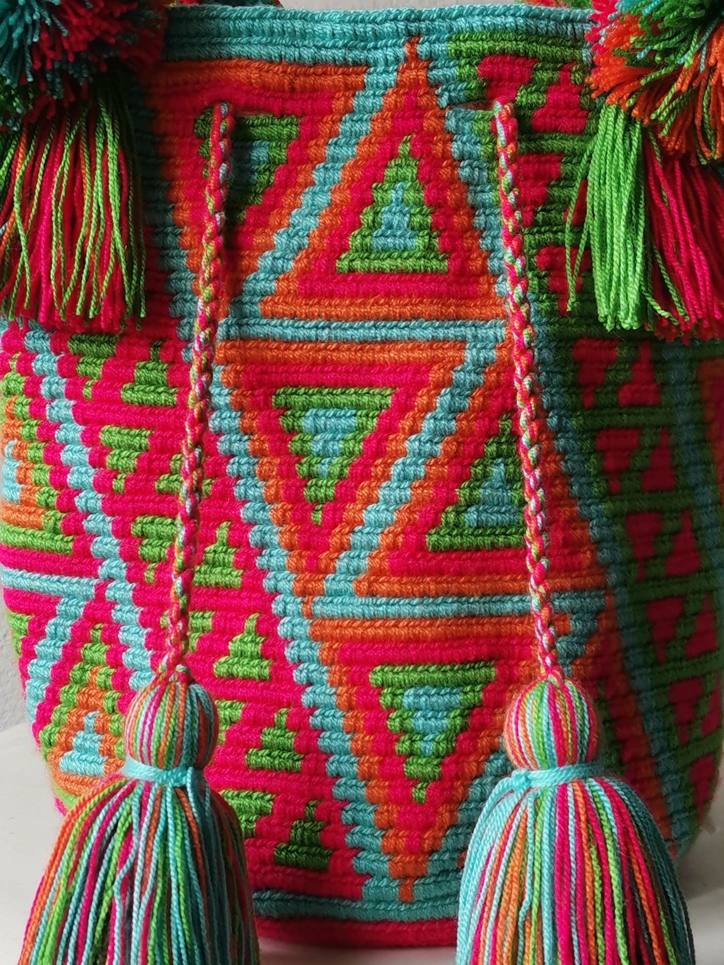 M red-pink and green mochila handbag