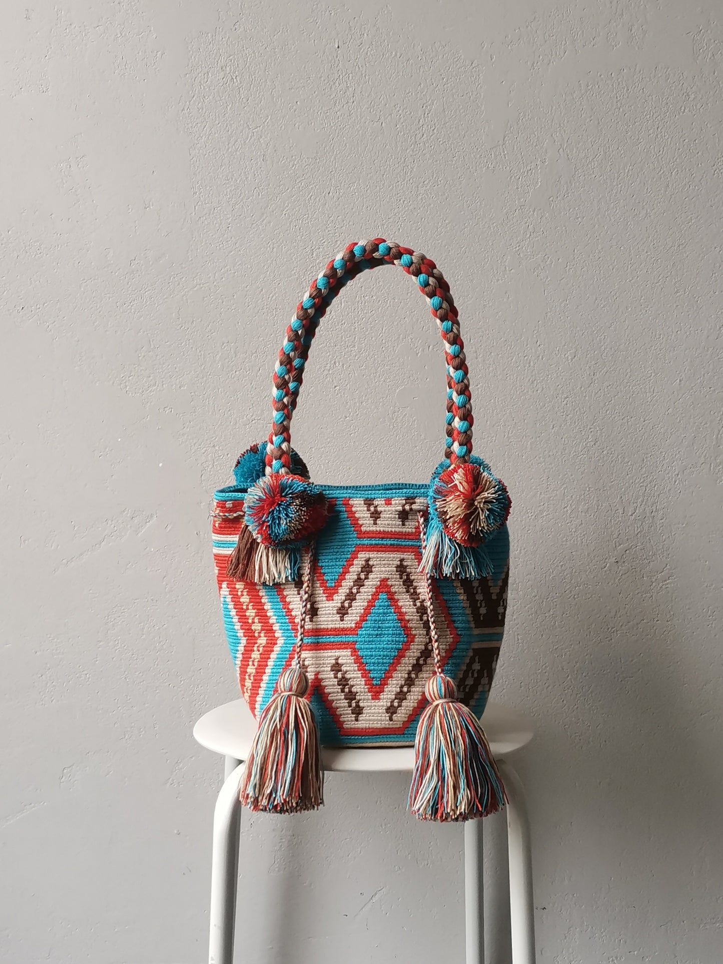 Borsa mochila a mano M turchese e mattone