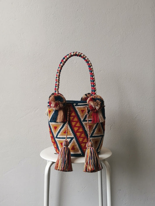 Borsa mochila a mano M blu e giallo senape