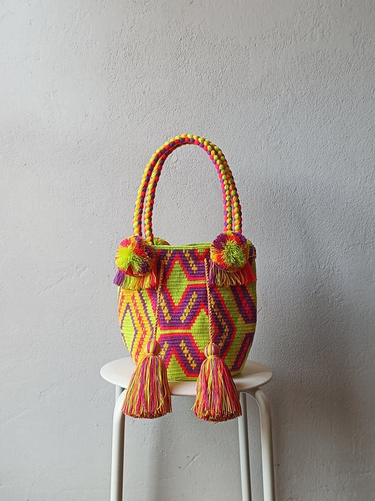 Mochila handbag M lime green and orange-fuchsia