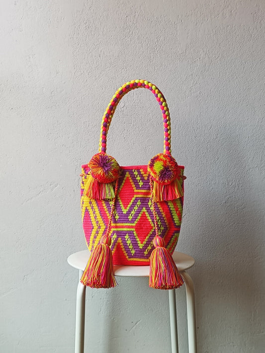 Mochila handbag M orange-fuchsia and dark lilac
