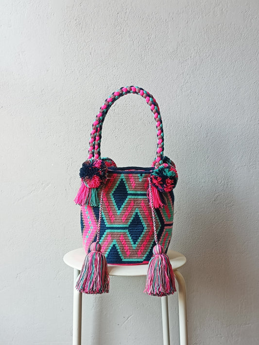 Mochila handbag M blue and bright pink
