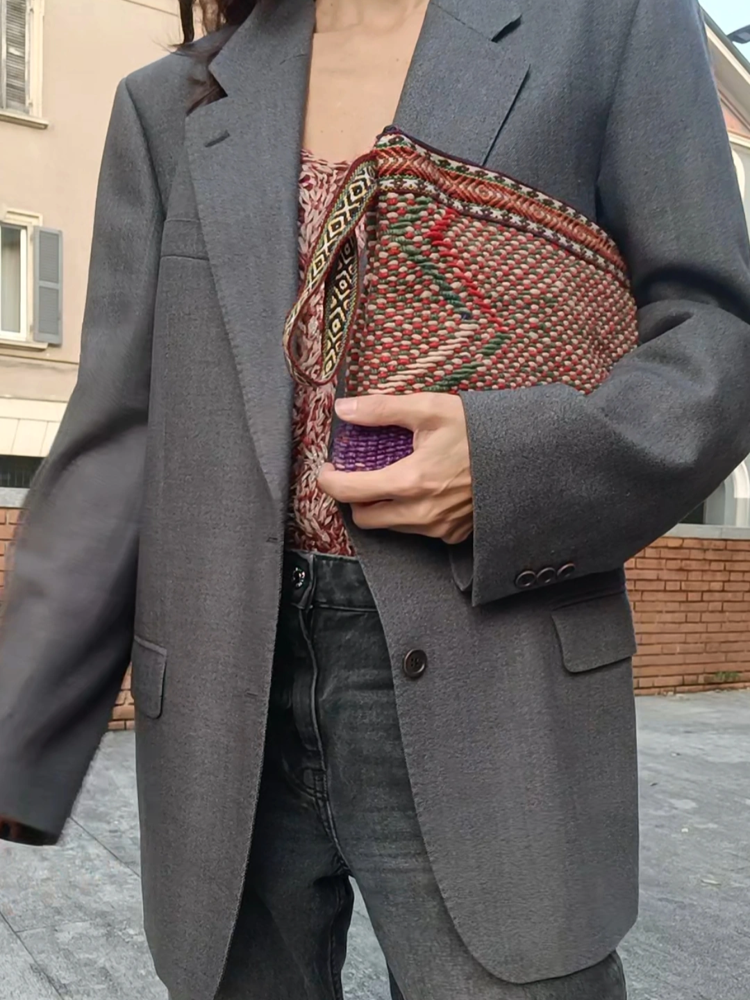 Antique clutch bag with handle L light blue and orange