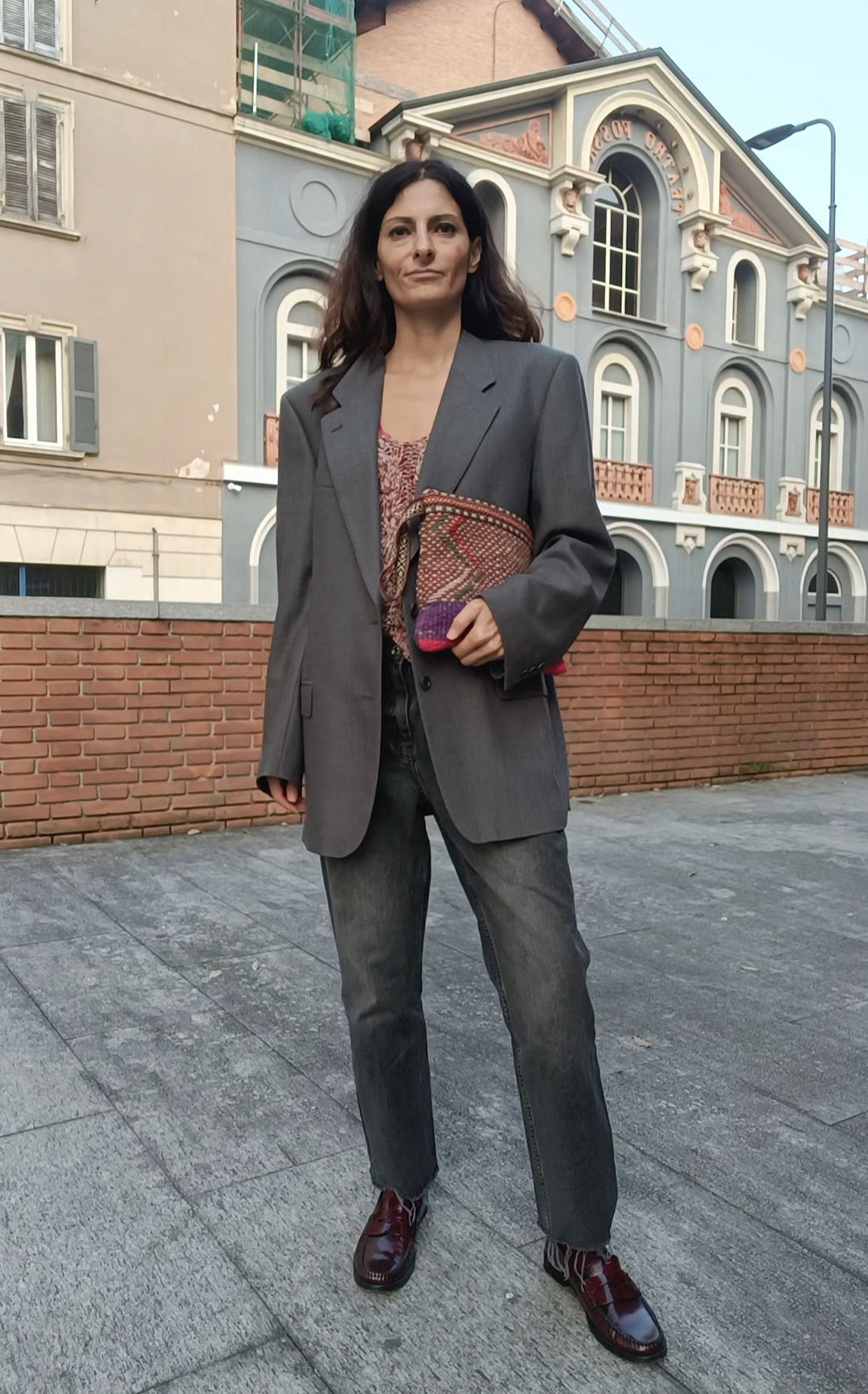 Antique clutch bag with handle L light blue and orange