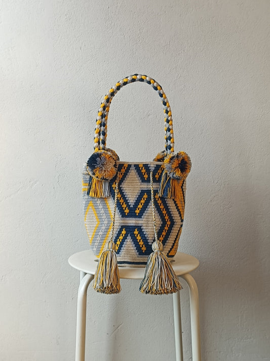 Borsa mochila a mano M beige e blu