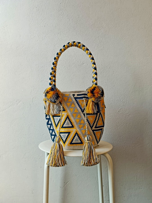 Borsa mochila a mano M beige e gialla