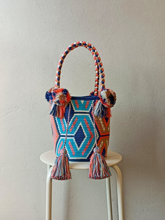 Borsa mochila a mano M blu e rosa