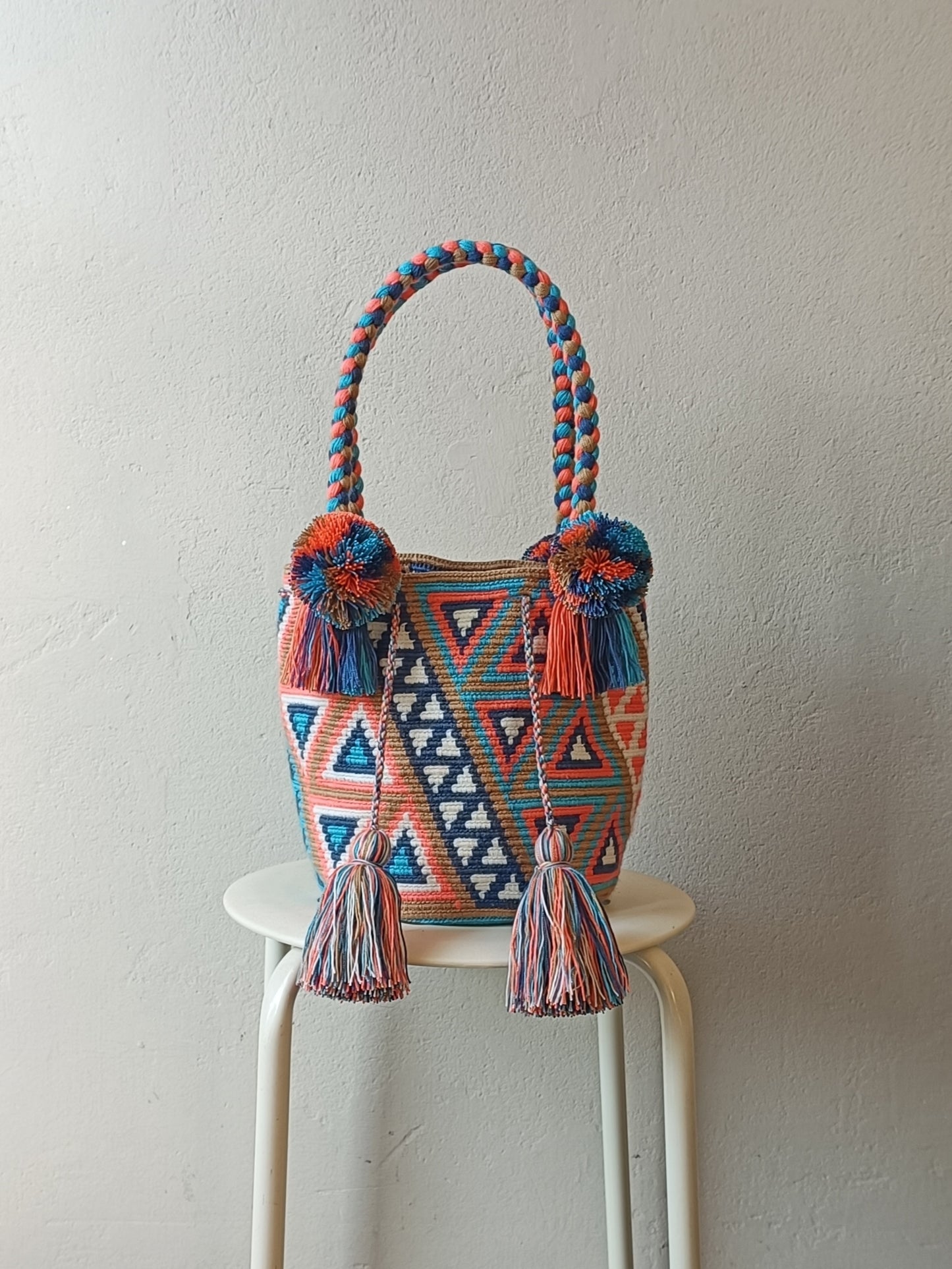 Borsa mochila a mano M beige e blu