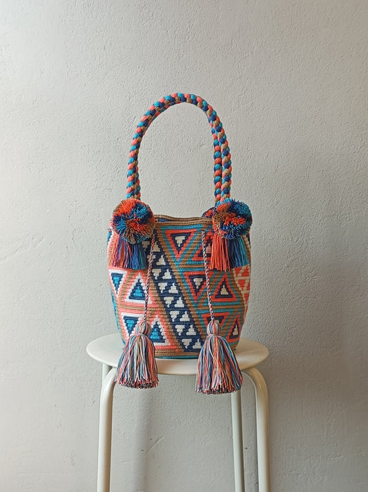 Borsa mochila a mano M beige e blu