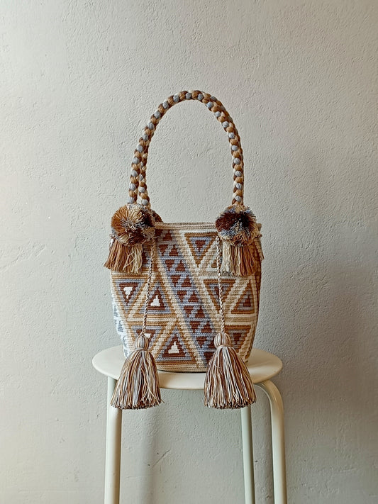 Borsa mochila a mano M beige e grigia