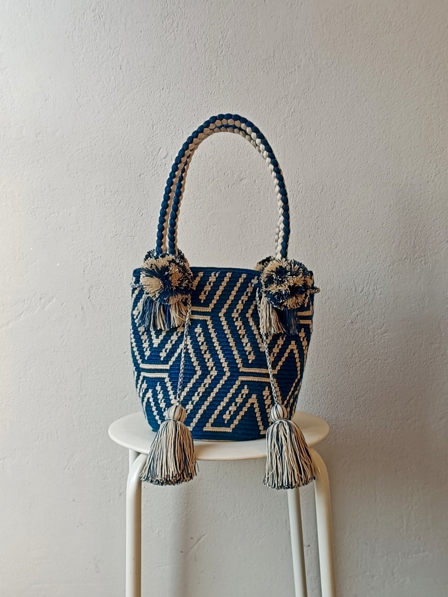 Borsa mochila a mano M blu petrolio e beige
