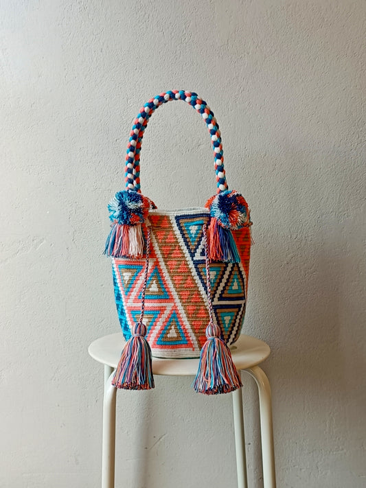 Borsa mochila a mano M bianca e blu