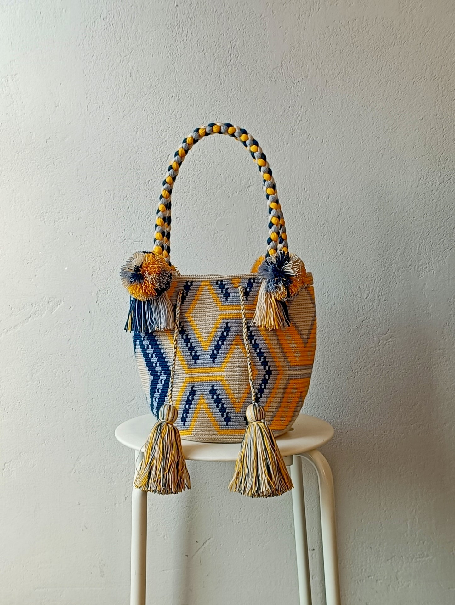 Borsa mochila a mano M beige e blu
