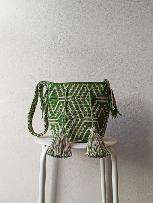 Borsa mochila a tracolla M verde e beige