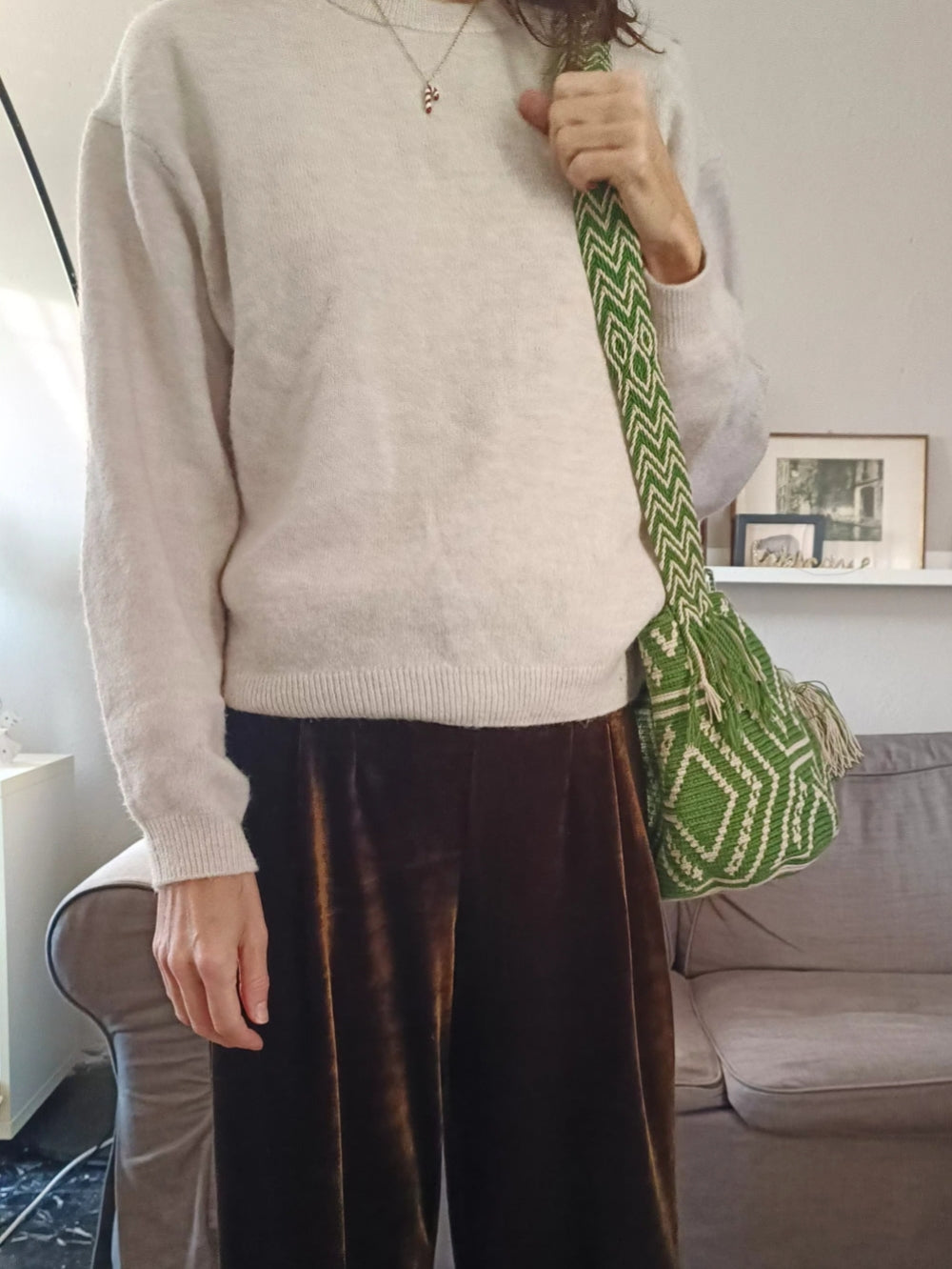 Borsa mochila a tracolla M verde e beige