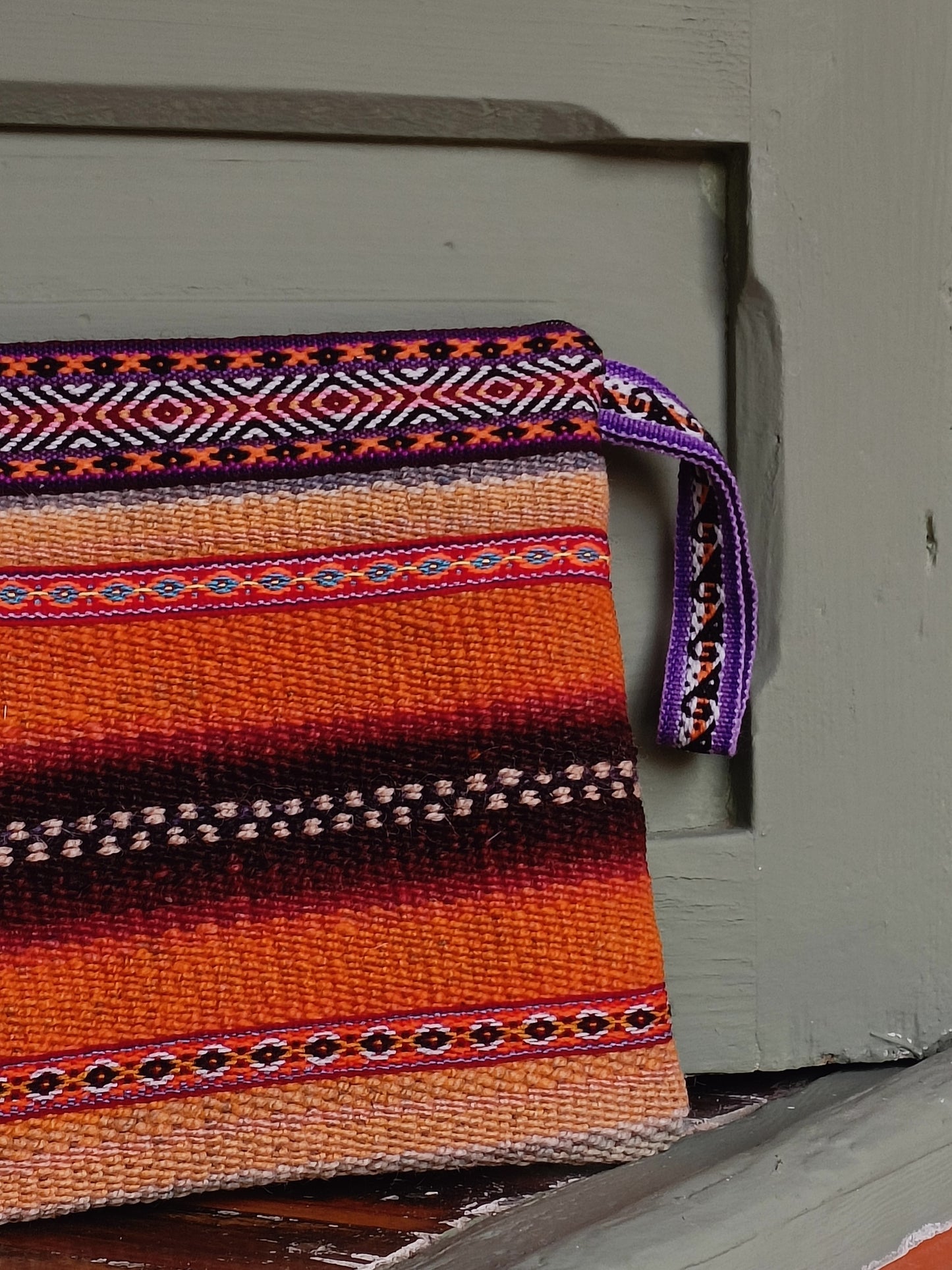 Antique clutch bag with handle L light blue and orange