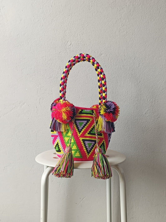 Borsa mochila a mano S rosso-rosa e gialla