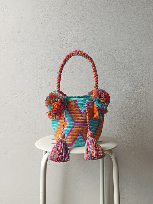 Borsa mochila a mano S azzurra e arancione