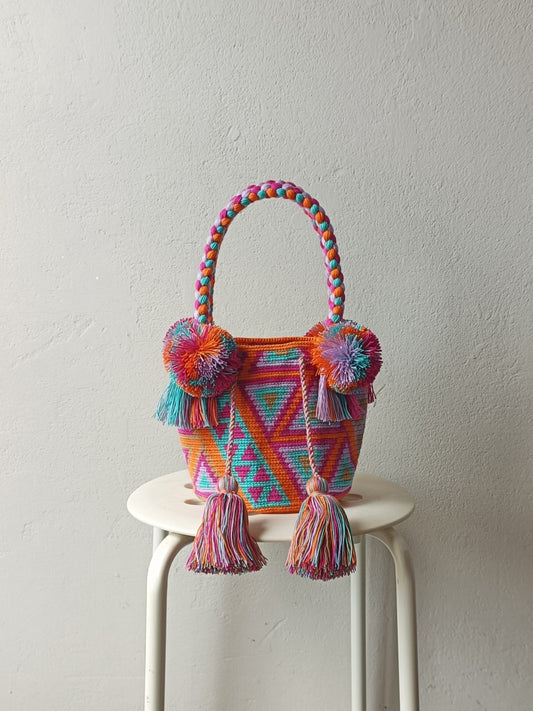 Borsa mochila a mano S arancione e azzurra