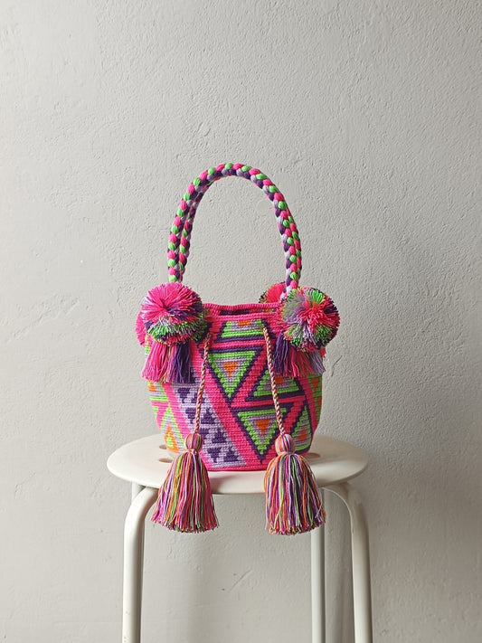 Borsa mochila a mano S rosa acceso e verde