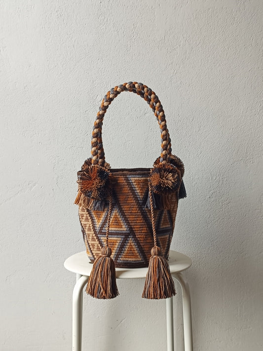 Borsa mochila a mano M marrone e grigia