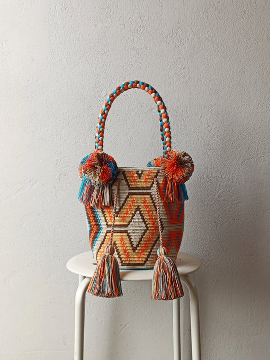 Borsa mochila a mano M beige e arancione
