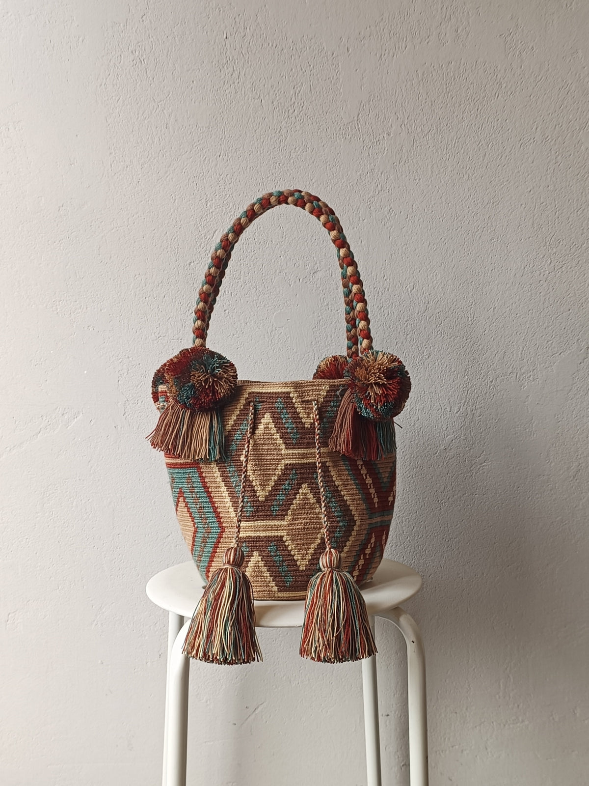 Borsa mochila a mano M beige e verde