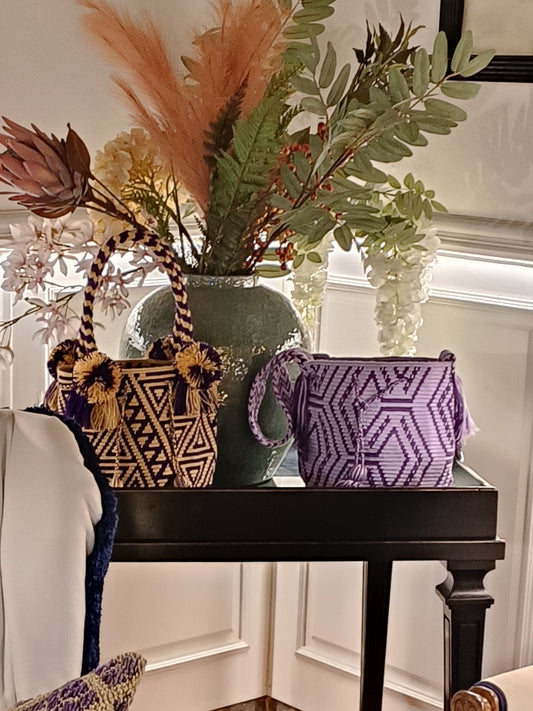 Borsa mochila a mano M beige e viola