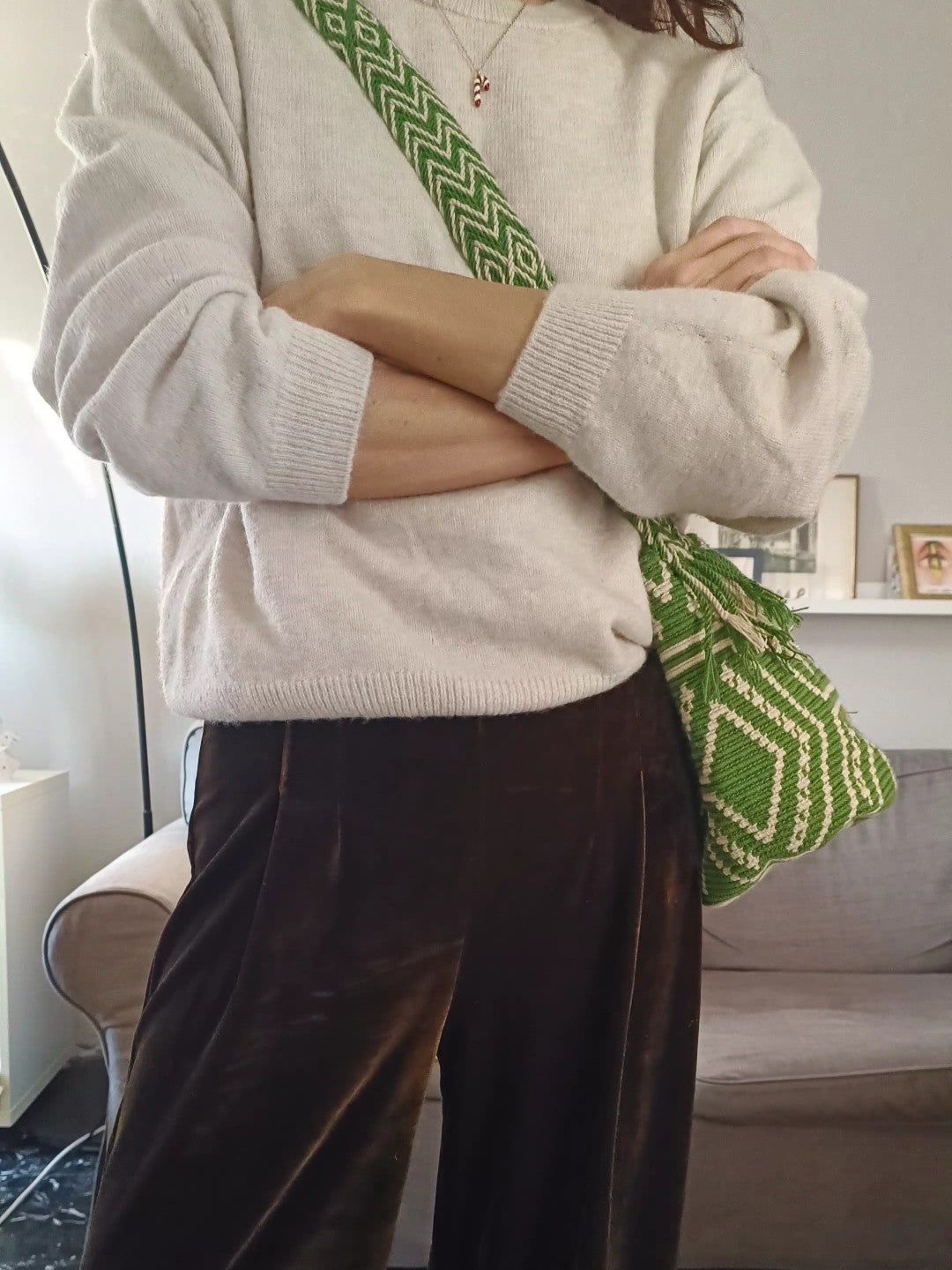 Borsa mochila a tracolla M verde e beige