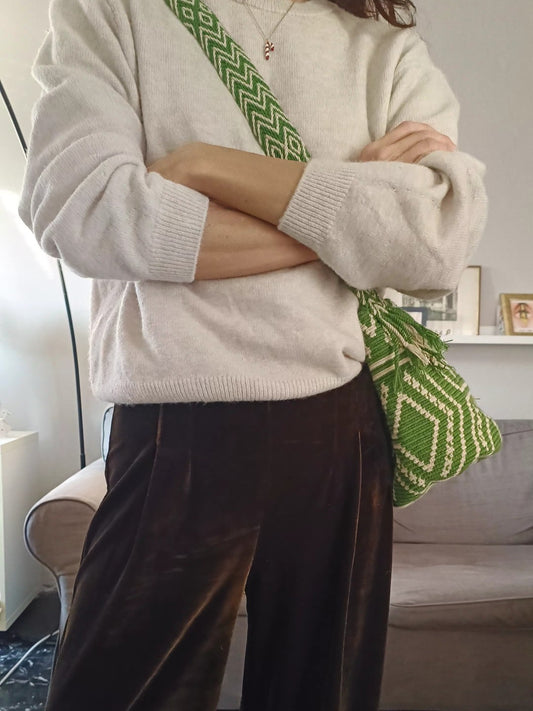 Borsa mochila a tracolla M verde e beige